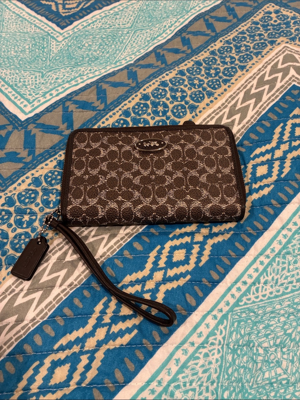Coach Brown and Black Signature Zip Wristlet